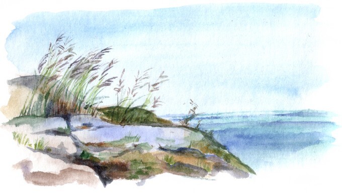 Watercolour seascape - Grass and rocks
